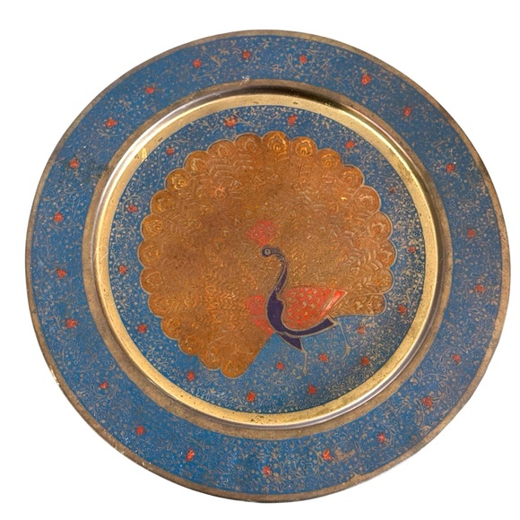 Vintage Other - Vintage Brass Enameled Peacock Metal Wall Hanging Decor round plate